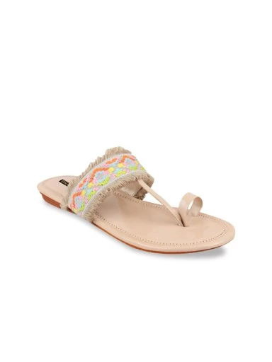 Stylestry Women Cream-Coloured Woven Design One Toe Flats