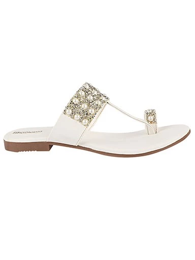 Stylestry Womens & Girls White & Silver-Toned Embellished Leather Ethnic One Toe Flats