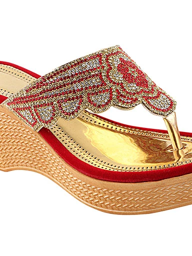 Stylestry Women's & Girl's Red Embellished Ethnic Heels