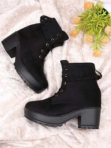 Stylestry Womens & Girls Black Lace Up Heeled Boots
