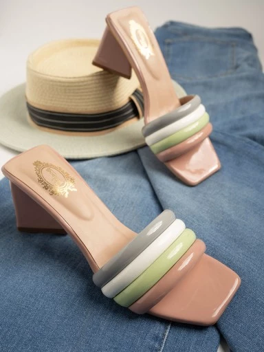 Stylestry Trendy Casual Party Wear Stylish Upper Striped Peach Block Heels For Women & Girls