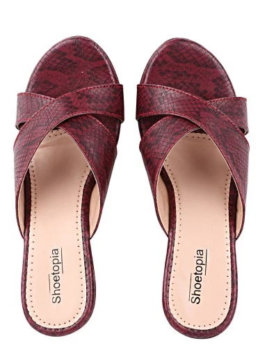 Stylestry Maroon Animal Textured Wedge Peep Toes
