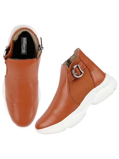 Stylestry Womens & Girls Tan Zipper Mid Top Heeled Boots