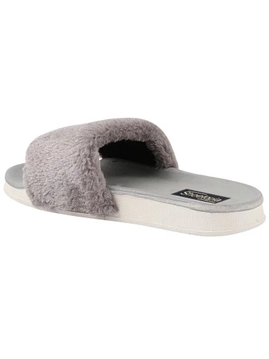 Stylestry Women Grey Solid Fur Slider Flip Flops