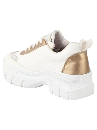 Stylestry Women White & Gold Mesh Walking Shoes