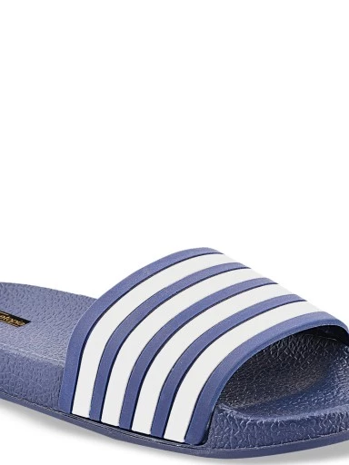 Stylestry Women Navy Blue Striped Sliders