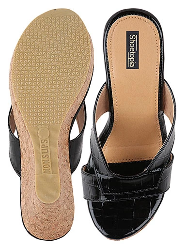 Stylestry Women's & Girl's Black Textured Wedges Heels Sandals
