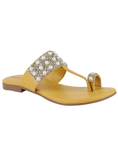 Stylestry Womens & Girls Yellow & Silver-Toned Embellished Leather Ethnic One Toe Flats