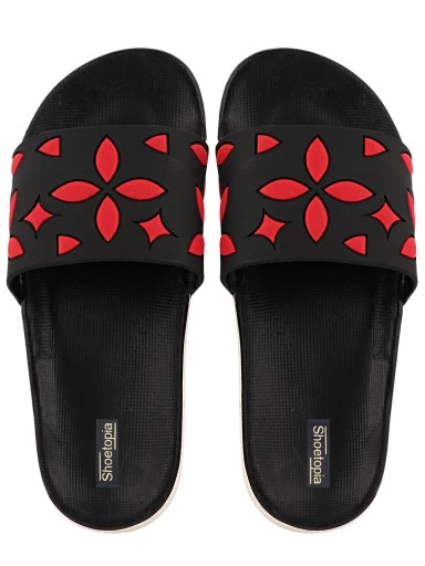 Stylestry Women Black & Red Printed Sliders