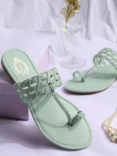 Stylestry Womens & Girls Green Solid Faux Fur One Toe Flats