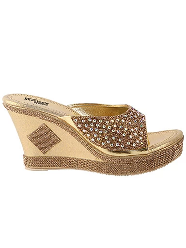 Stylestry Women's & Girl's Gold Embellished Ethnic Wedges Heels Sandals