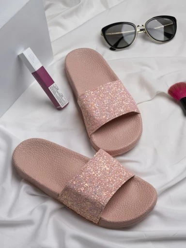 Stylestry Women Pink Embellished Rubber Sliders
