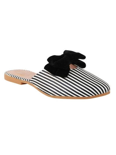 Stylestry Women Black & White Striped Mules with Bow