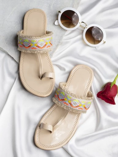 Stylestry Women Cream-Coloured Woven Design One Toe Flats