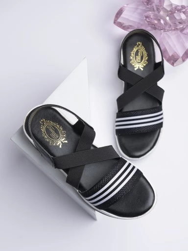 Stylestry Women's & Girl's Black Striped Wedges Heels Sandals