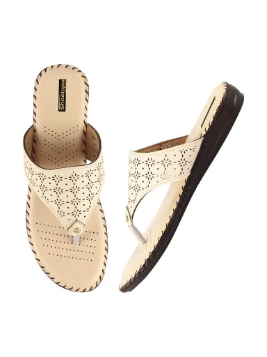 Stylestry Women Cream Laser Cuts Open Toe Flats