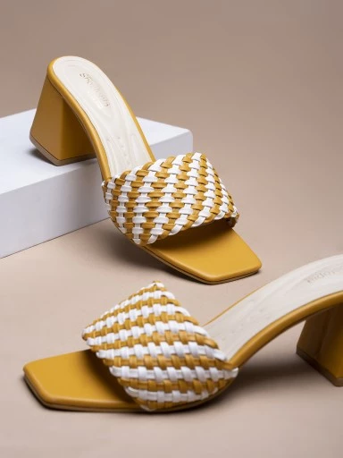 Stylestry Womens & Girls Yellow & White Striped Block Peep Toes