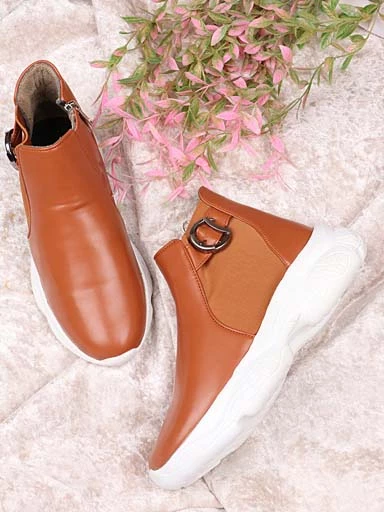 Stylestry Womens & Girls Tan Zipper Mid Top Heeled Boots