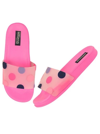 Stylestry Women Peach Polka Dots Printed Rubber Sliders