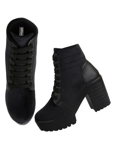 Stylestry Womens & Girls Black Solid Heeled Boots