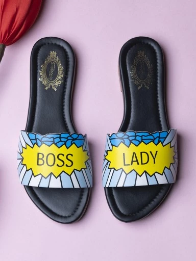 StylestryWomen Black Printed Open Toe Flats