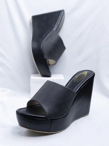 Stylestry Women's & Girl's Black Peep Toe Solid Wedges