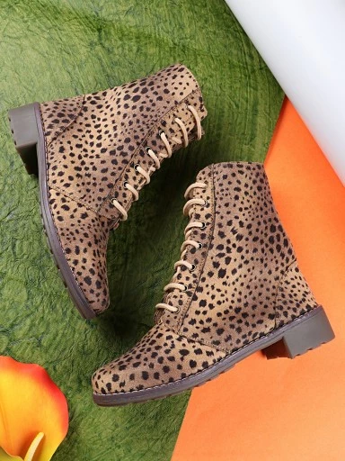 Stylestry Womens & Girls Leopard Print High Top Tan Heeled Boots