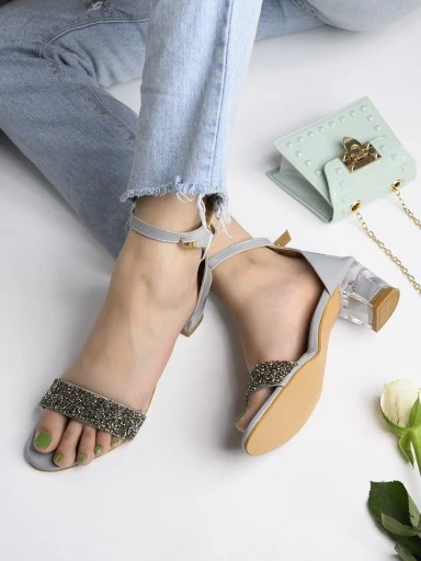 Stylestry Womens & Girls Grey Transparent Block Heels Solid Sandals