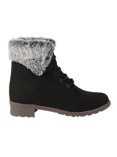 Stylestry Womens & Girls Black Solid Lace Up Fur Boots