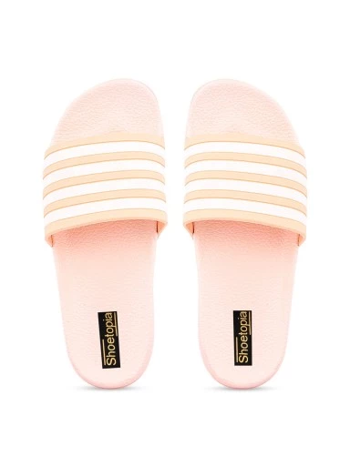 Stylestry Women Peach-Coloured & White Striped Sliders