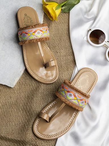 Stylestry Women Tan Brown Woven Design One Toe Flats