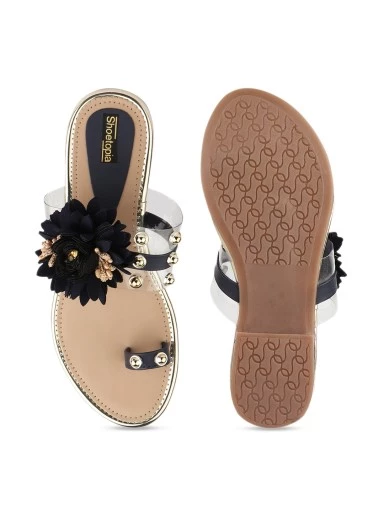 Stylestry Women Black Solid Embellished One Toe Flats
