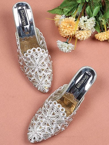 Stylestry Womens & Girls Gold-Toned & Silver-Toned Embellished Ethnic Block Mules with Laser Cuts