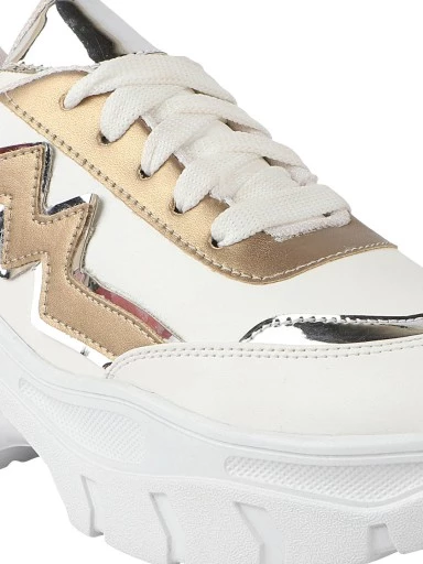 Stylestry Women White & Gold Mesh Walking Shoes