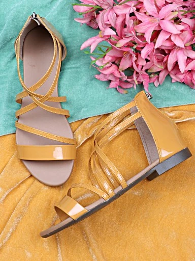 Stylestry Womens & Girls Yellow Zipper Gladiator Flats