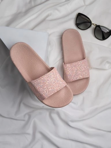 Stylestry Women Pink Embellished Rubber Sliders