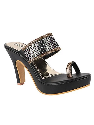 Stylestry Womens & Girls Black One Toe Ethnic-Embellished Slim Heels