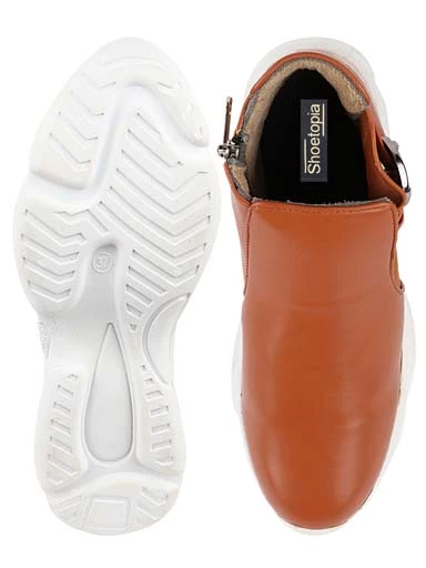 Stylestry Womens & Girls Tan Zipper Mid Top Heeled Boots