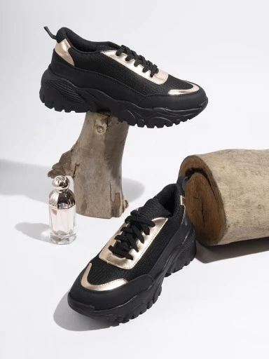 Stylestry Women Black & Gold Colourblocked Sneakers
