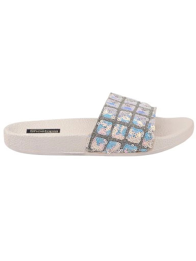 Stylestry Women White Embellished Sliders