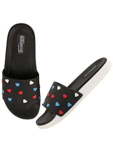 Stylestry Women Black & Red Printed Rubber Sliders