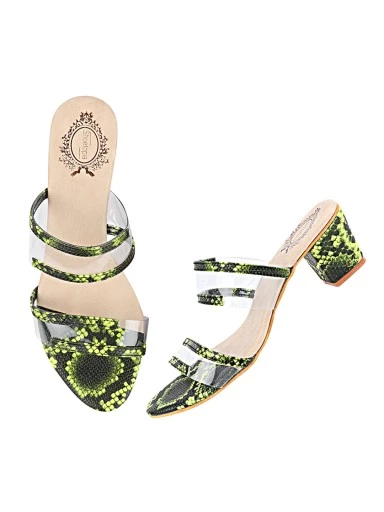 Stylestry Green Transparent Printed Party Block Sandals