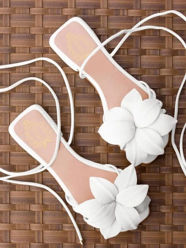 Stylestry Stylish Trendy Casual Elegant Flower Embellished White Flats With Tie-up Style For Women & Girls