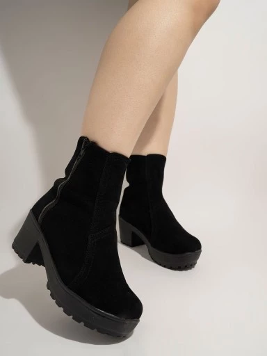 Stylestry Womens & Girls Black Zipper High Top Heeled Boots