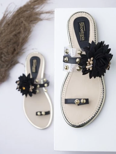 Stylestry Women Black Solid Embellished One Toe Flats