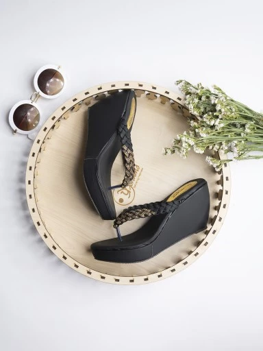 Stylestry Women's & Girl's Black Textured Wedges Heels
