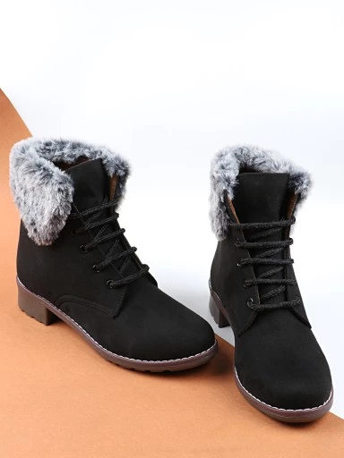 Stylestry Womens & Girls Black Solid Lace Up Fur Boots