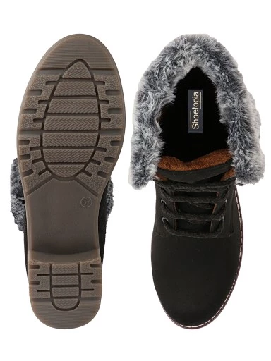 Stylestry Womens & Girls Black Solid Lace Up Fur Boots
