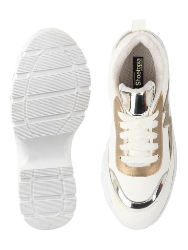 Stylestry Women White & Gold Mesh Walking Shoes