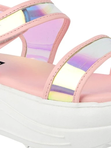 Stylestry Pink Embellished Flatform Heeled Sandals